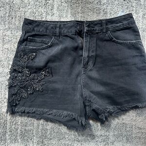 Zara high waisted denim shorts with beading